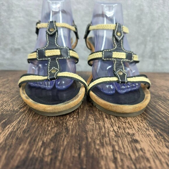 Aerosoles Swish Bone Strappy Wedge Sandals 11 Black Leather Natural Jute Comfort - Picture 4 of 14